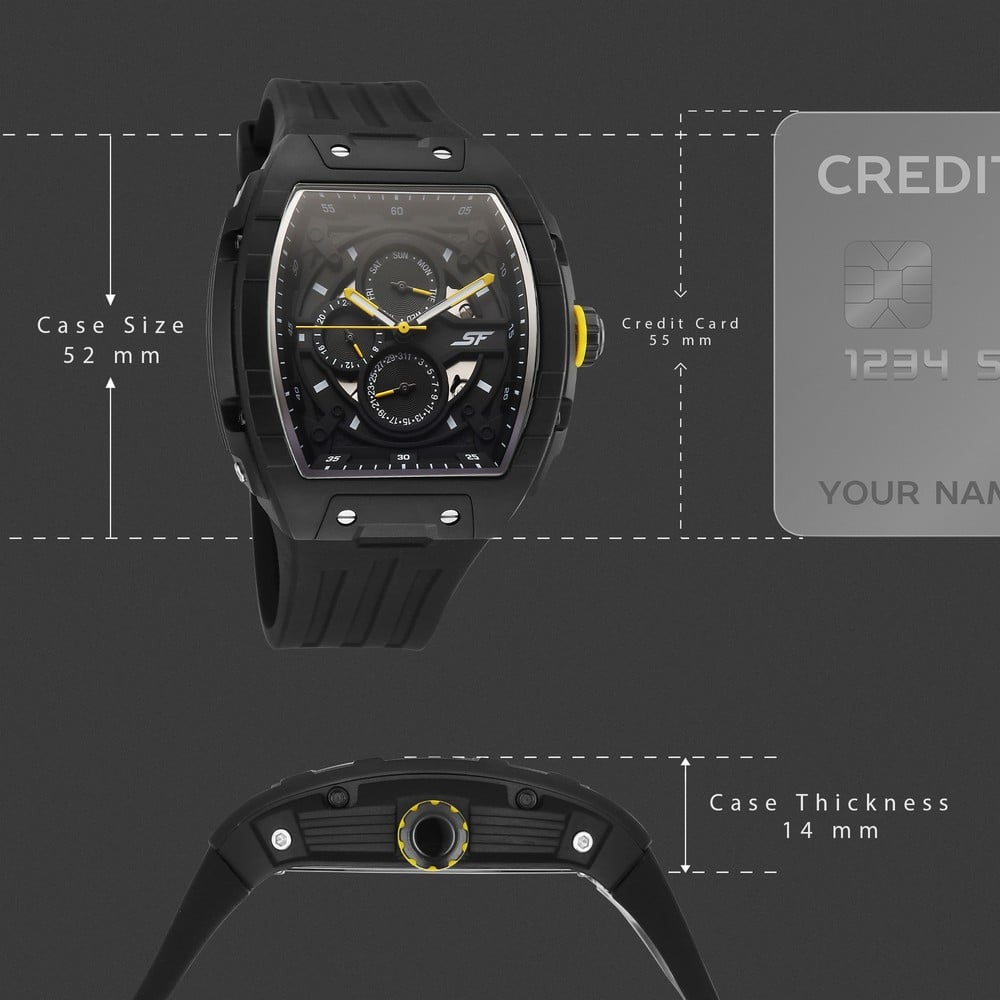 SF Maiden Voyage Sport Watch - Black Dial & Strap - Tonneau Shaped Case with Multifunction movement (4)