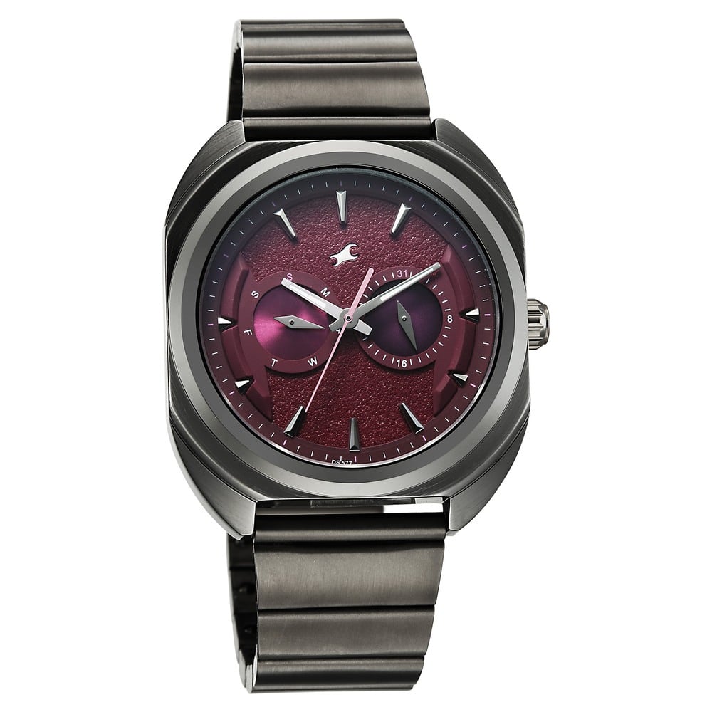 Fastrack Wild Analog with Burgandy Dial Gun Metal Strap Watch for Guys (5)