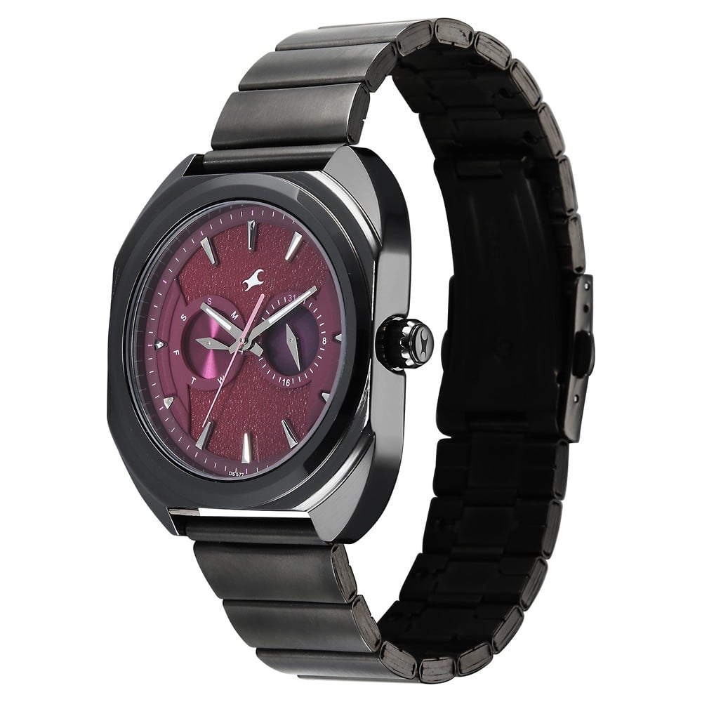 Fastrack Wild Analog with Burgandy Dial Gun Metal Strap Watch for Guys (6)