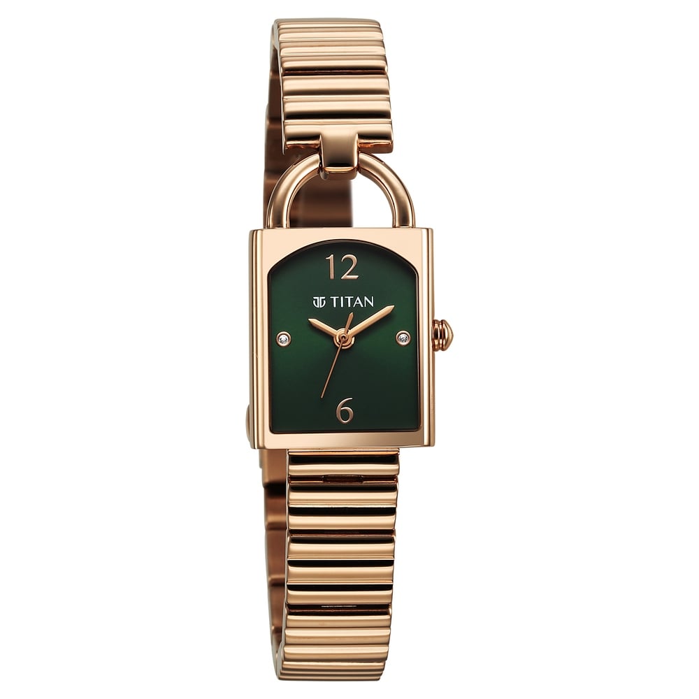 Titan Purple Metro Quartz Analog Green Dial Champagne Gold Stainless Steel Strap Watch For Women (2)