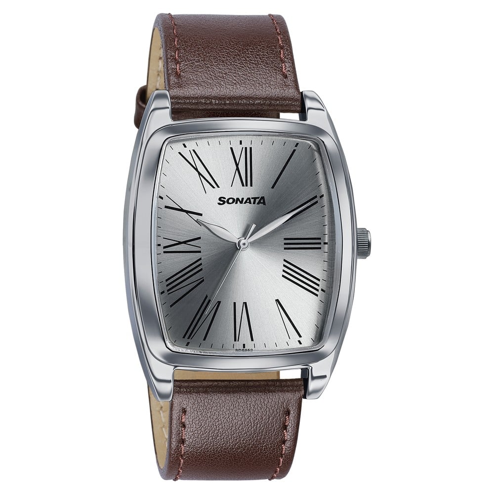 Sonata Ascent Quartz Analog Silver Dial Brown Leather Strap Tonneau Watch For Men (2)