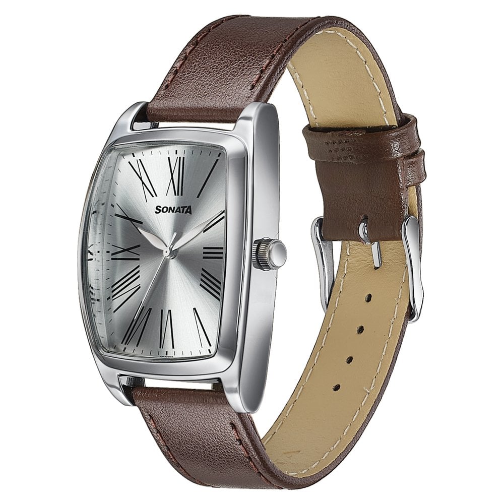 Sonata Ascent Quartz Analog Silver Dial Brown Leather Strap Tonneau Watch For Men (3)