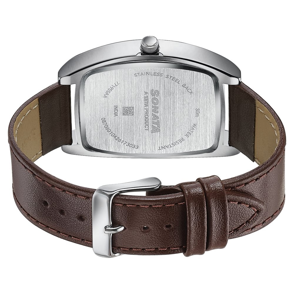 Sonata Ascent Quartz Analog Silver Dial Brown Leather Strap Tonneau Watch For Men (6)