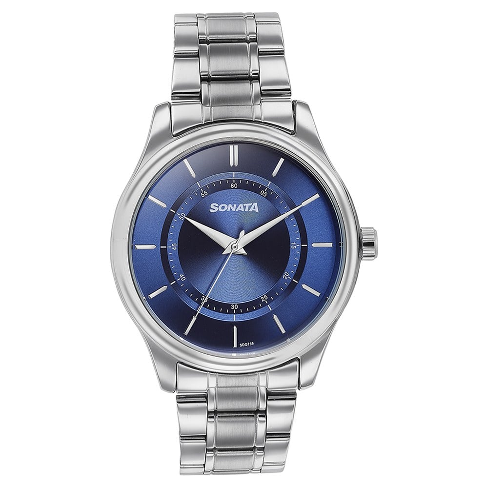 Sonata Quartz Analog Blue Round Dial Silver Stainless Steel Strap Watch For Men (2)