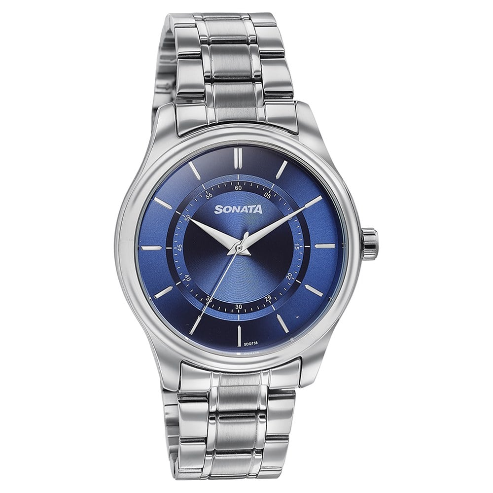 Sonata Quartz Analog Blue Round Dial Silver Stainless Steel Strap Watch For Men (3)