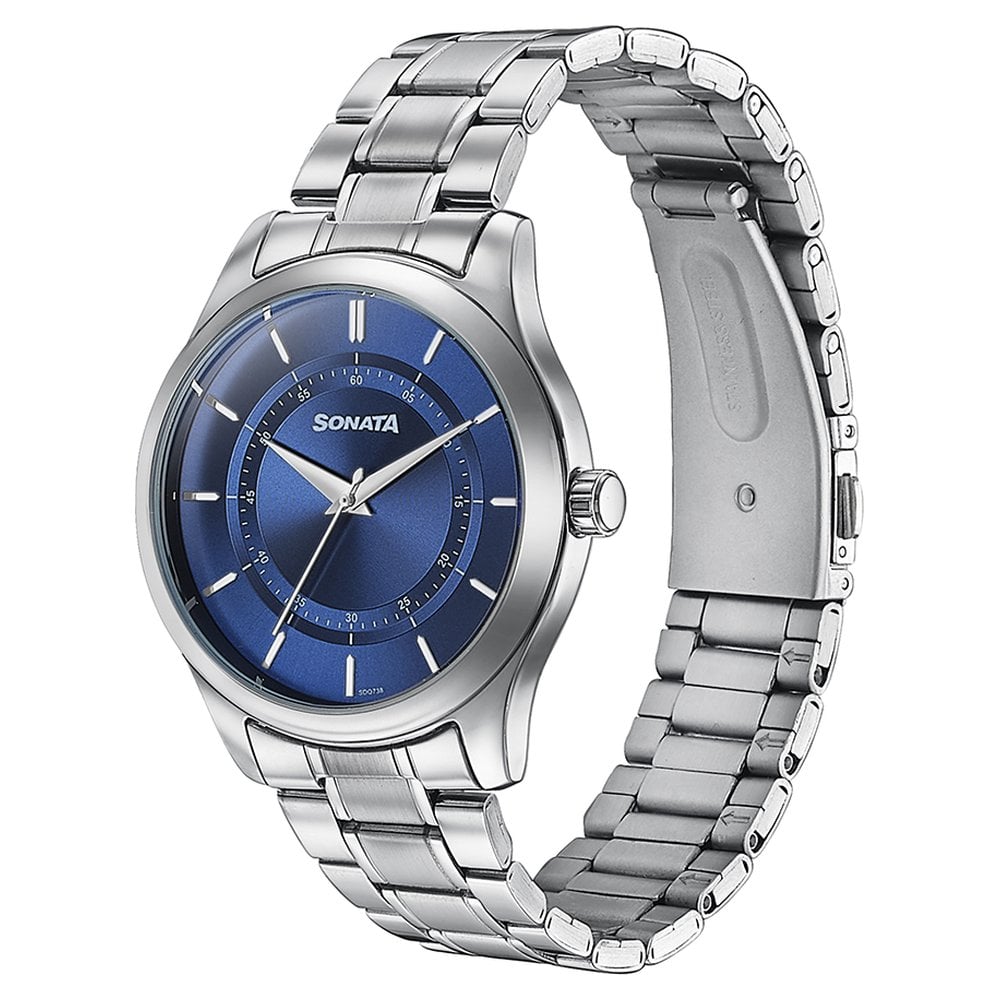 Sonata Quartz Analog Blue Round Dial Silver Stainless Steel Strap Watch For Men (4)