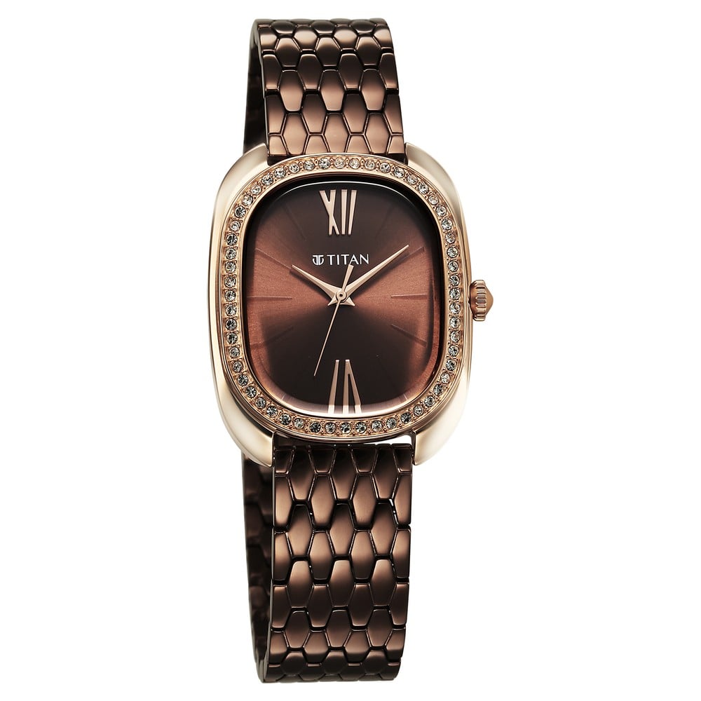 Titan Purple Glamour Quartz Analog Brown Dial Brown Stainless Steel Strap Watch For Women (3)