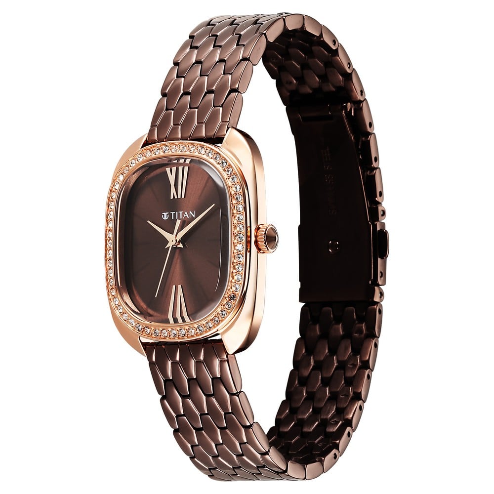 Titan Purple Glamour Quartz Analog Brown Dial Brown Stainless Steel Strap Watch For Women (4)