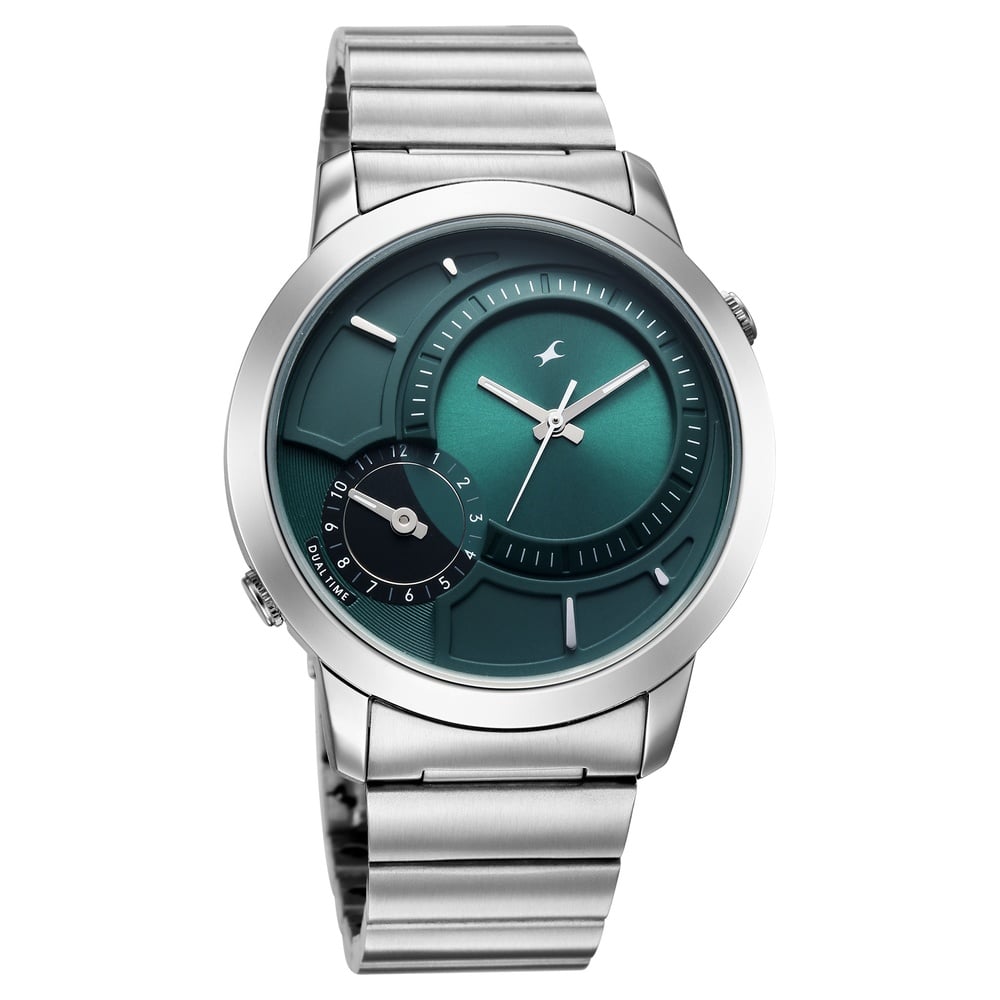 Fastrack Pulse IV Dual Time Watch for Men with Teal Green Sunray Dial & Silver Metal Strap (2)