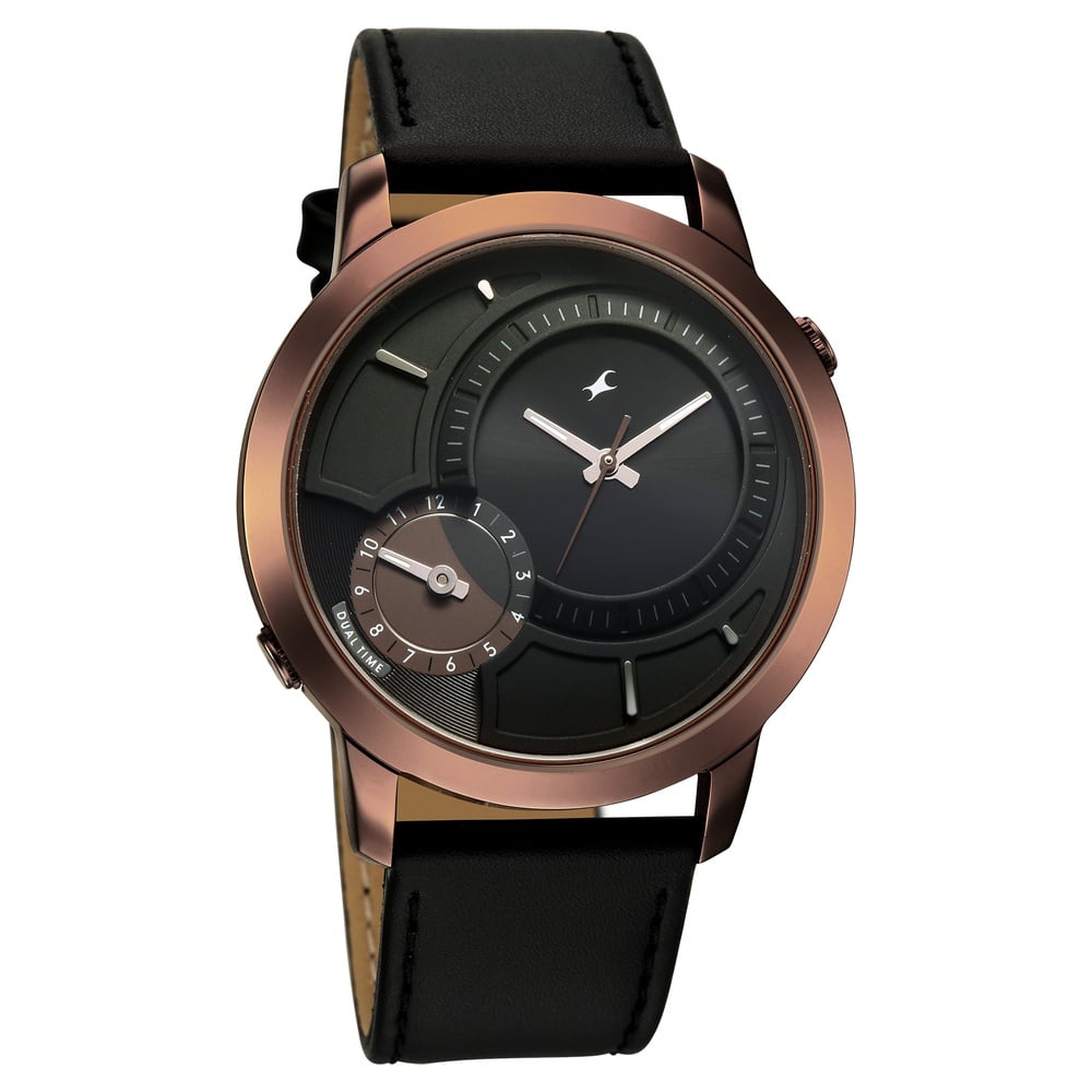 Fastrack Pulse IV Dual Time Watch for Men with  Black Sunray Dial & Black Leather Strap (2)