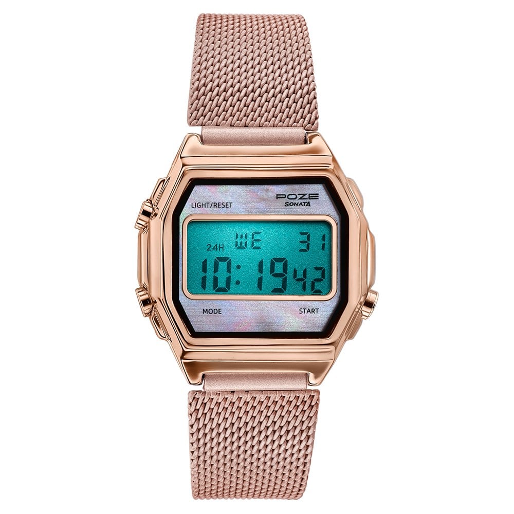 Poze By Sonata Digital Digital Pink Dial Pink Metal Strap Watch For Women (2)