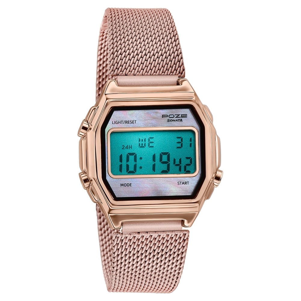 Poze By Sonata Digital Digital Pink Dial Pink Metal Strap Watch For Women (3)