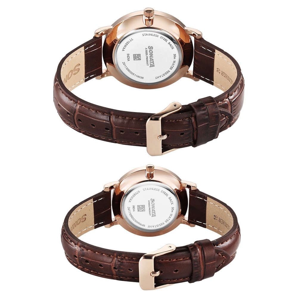 Sonata Perfect Pairs Quartz Analog White Dial Brown Leather Strap Watch For Couple (4)