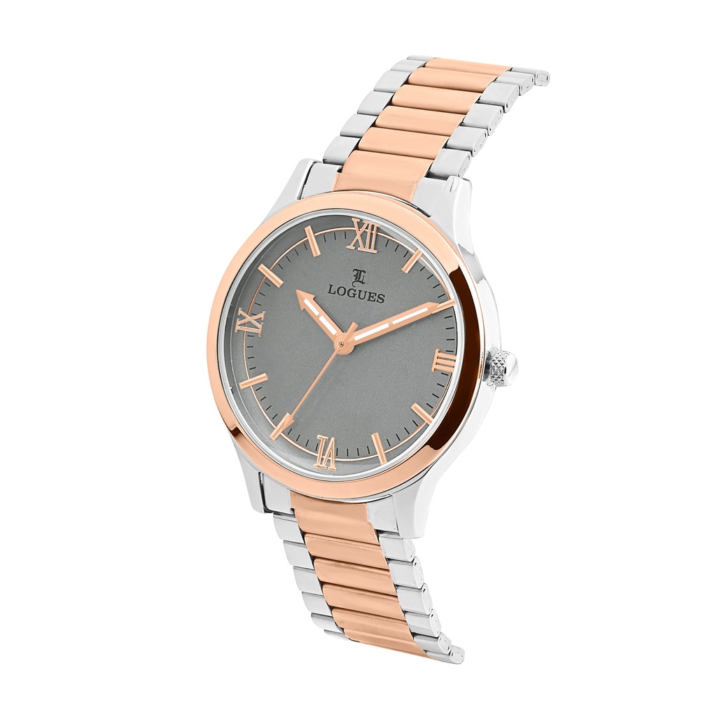 Logues Quartz Analogue Grey Dial Rose Two Tone Metal Strap Watch For Men (2)