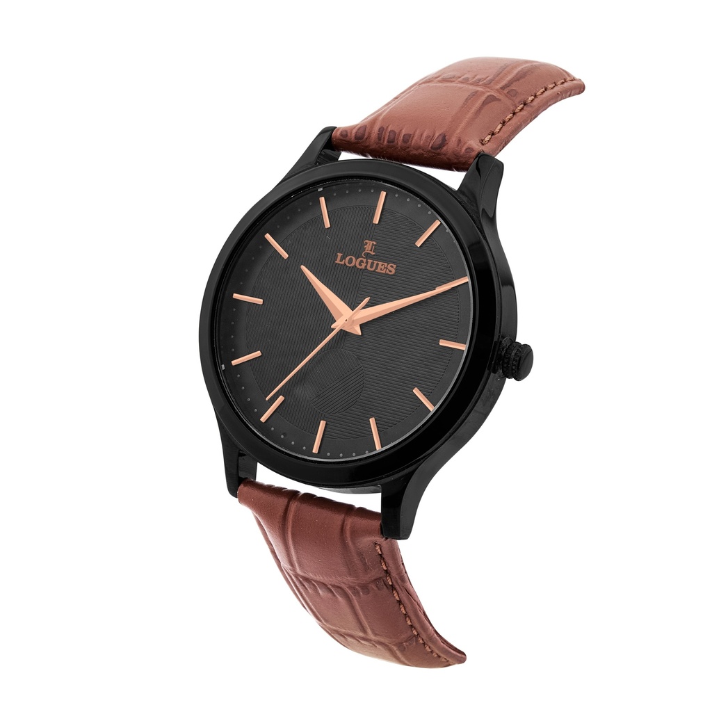 Logues Quartz Analogue Black Dial Tan Leather Strap Watch For Men (2)