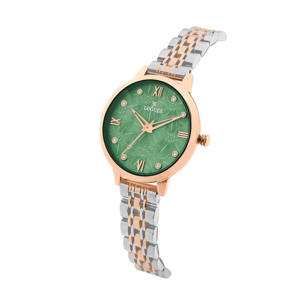 Logues Quartz Analogue Green Dial Rose Two Tone Metal Strap Watch For Women (2)