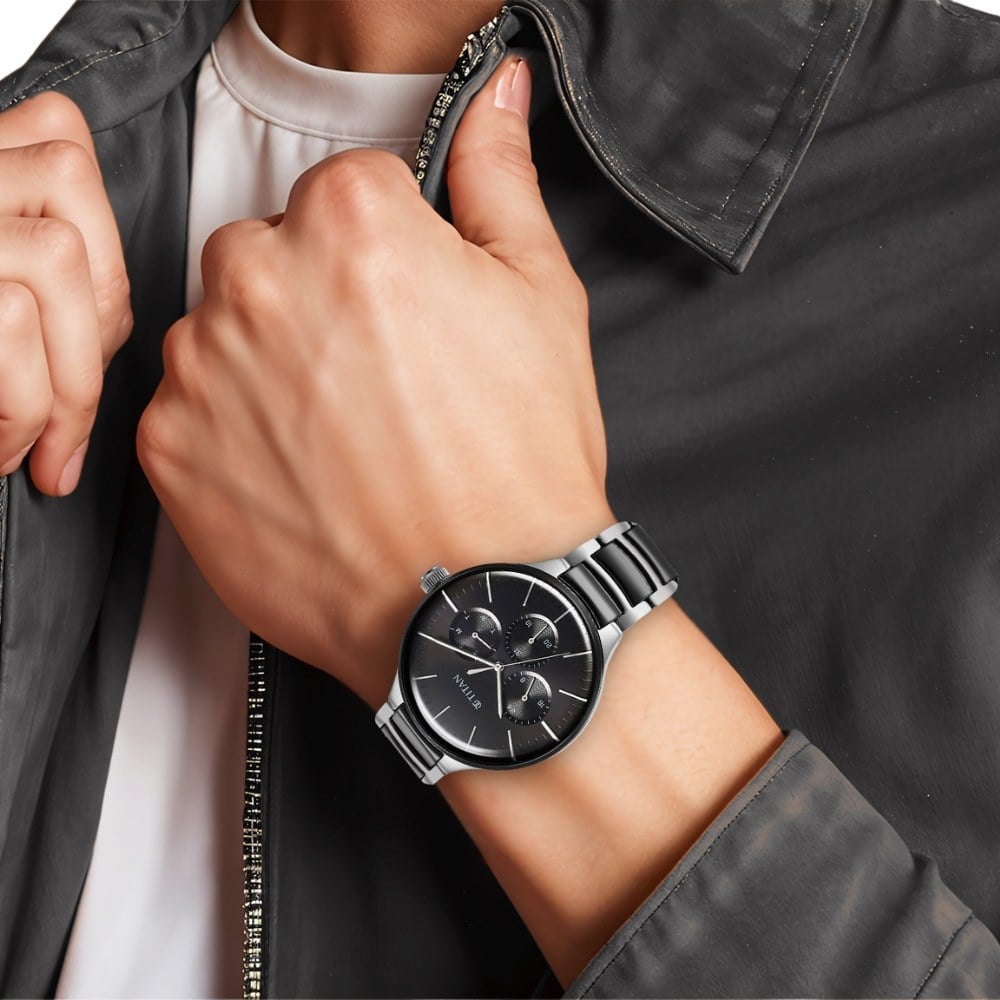Titan Ceramic Fusion Multifunction Black Dial Stainless Steel With Ceramic Links Strap Watch For Men (7)