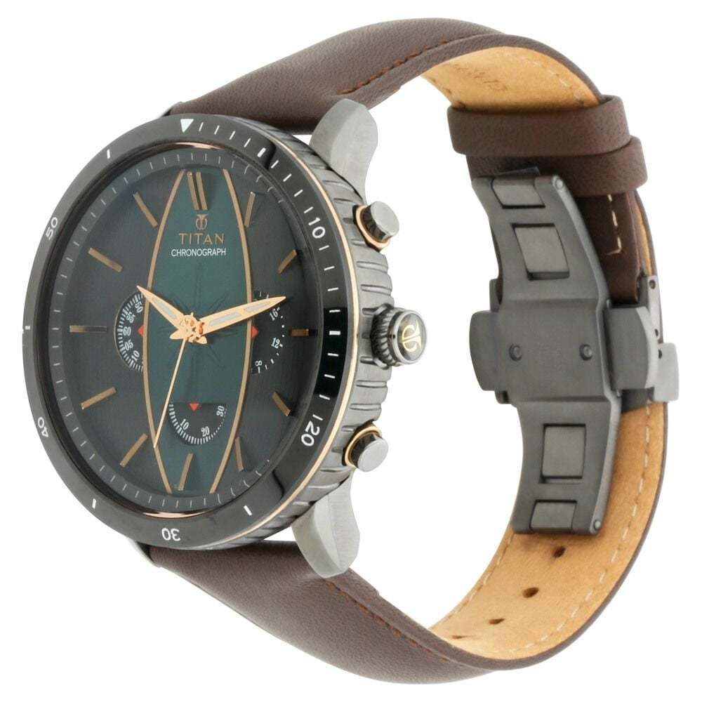 Titan Quartz Chronograph Green Dial Leather Strap Watch for Men