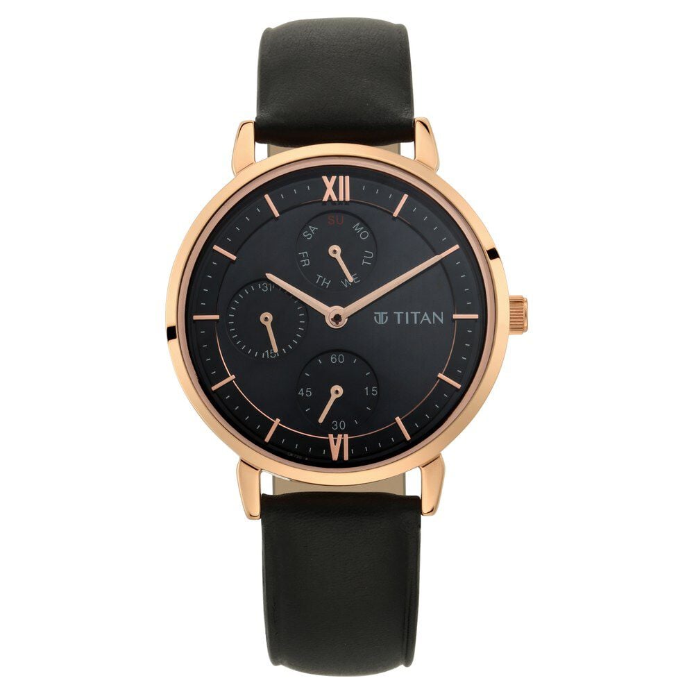 Titan Women's Regal: Roman Numeral Black Dial & Leather Strap Watch
