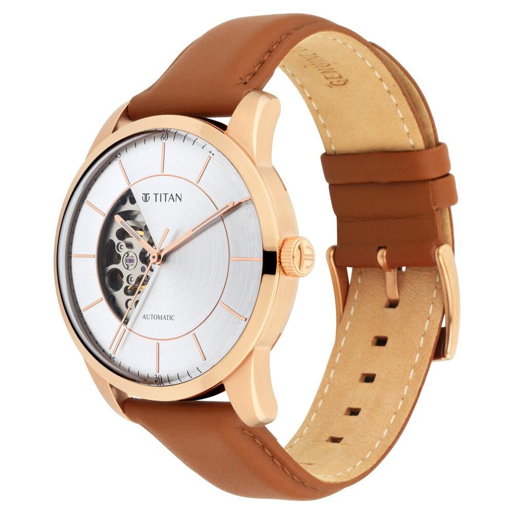 Titan Automatics Silver Dial Automatic Leather Strap Watch for Men