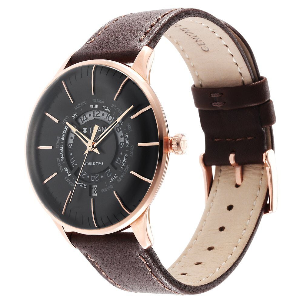 Titan Black Dial World Time with Date Stainless Steel Strap Watch for Men
