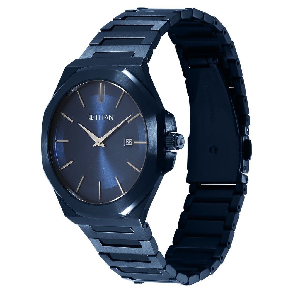 Titan Classic Slim Quartz Analog with Date Blue Dial Stainless Steel Strap Watch for Men