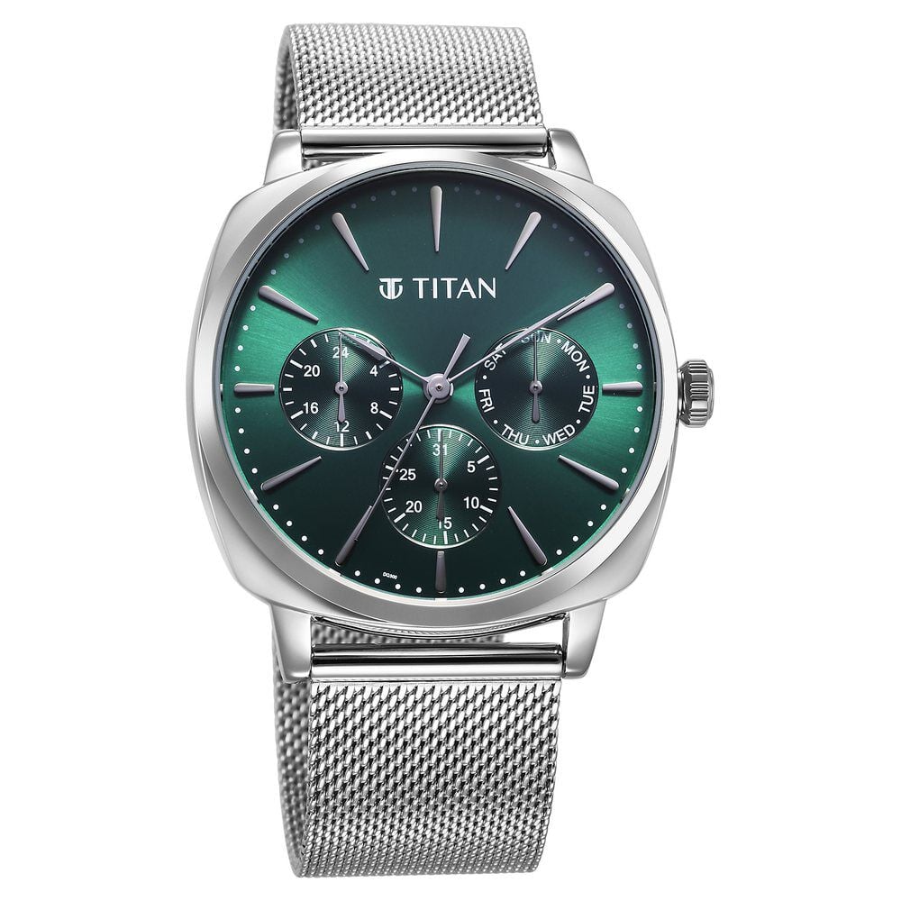 Titan Classique Suave Quartz Green Dial Silver Stainless Steel Mesh Strap Watch for Men