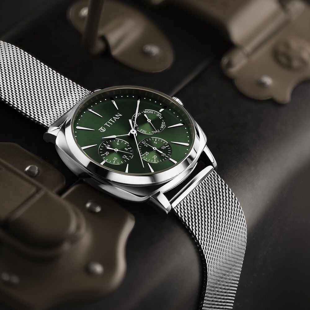Titan Classique Suave Quartz Green Dial Silver Stainless Steel Mesh Strap Watch for Men