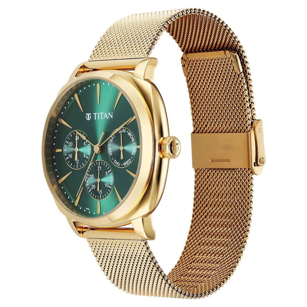 Titan Classique Suave Quartz Green Dial Golden Stainless Steel Mesh Strap Watch for Men
