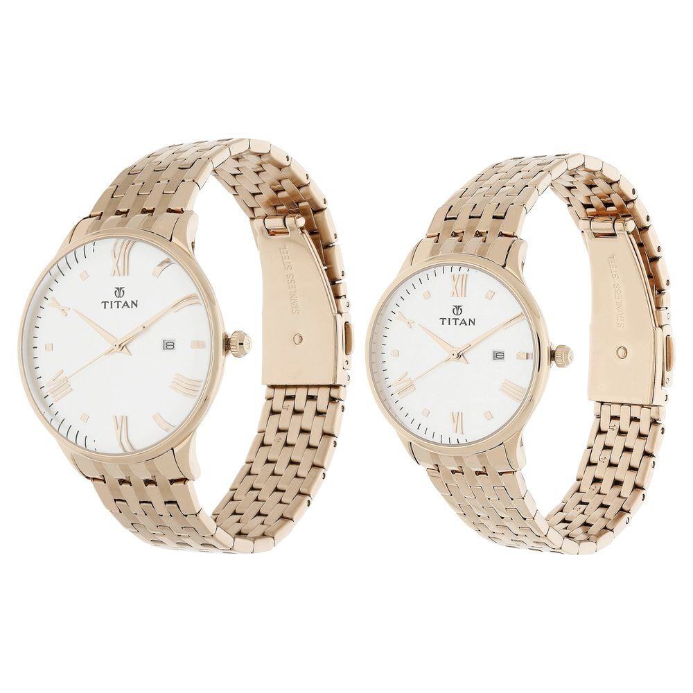 Titan Bandhan Rose Gold Dial Analog with Date Stainless Steel Strap watch for Couple