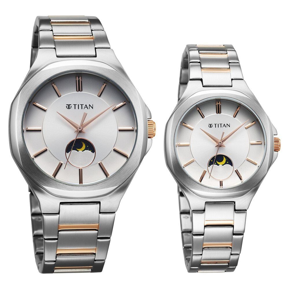 Titan Bandhan Quartz Analog Sun-Moon Silver Dial Two Toned Stainless Steel Strap Watch For Couple