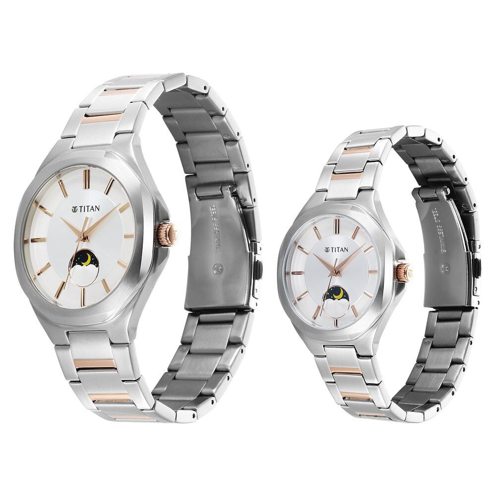 Titan Bandhan Quartz Analog Sun-Moon Silver Dial Two Toned Stainless Steel Strap Watch For Couple