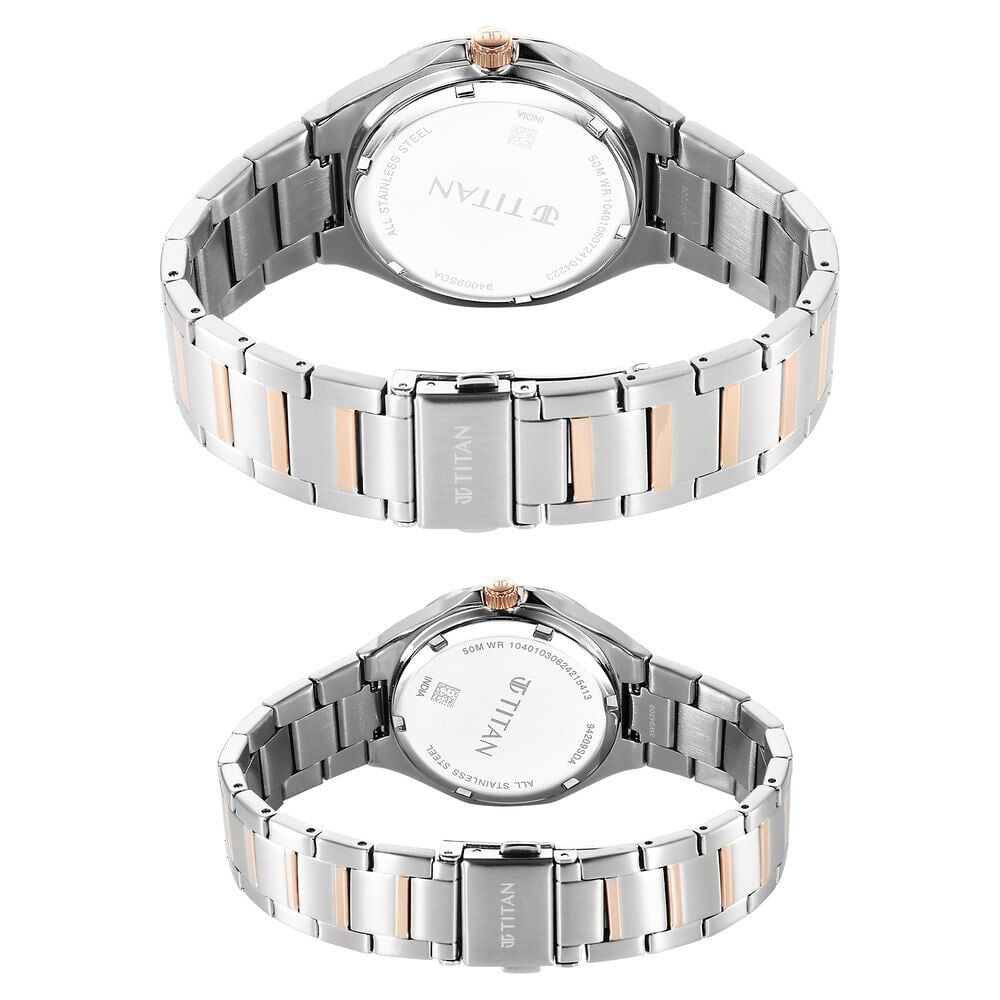 Titan Bandhan Quartz Analog Sun-Moon Silver Dial Two Toned Stainless Steel Strap Watch For Couple