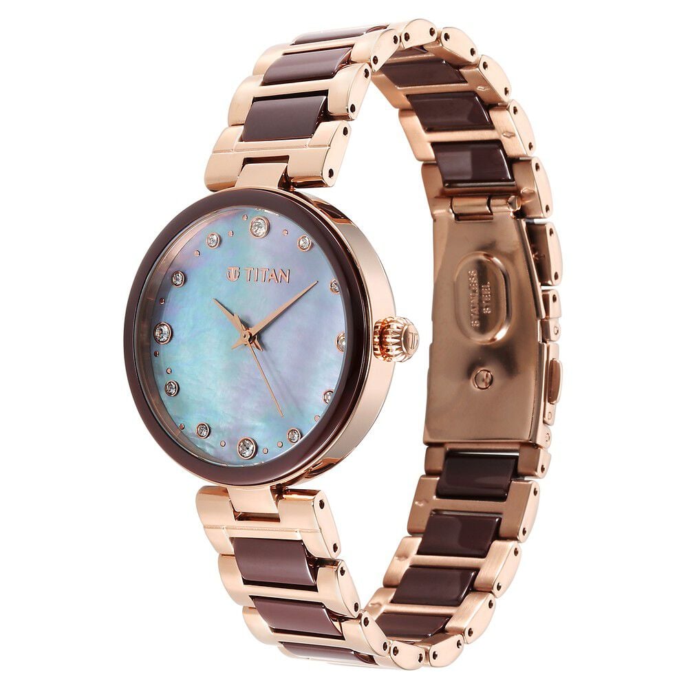 Titan Purple Ceramics Mother of Pearl Dial Analog Steel and Ceramic Strap Watch for Women