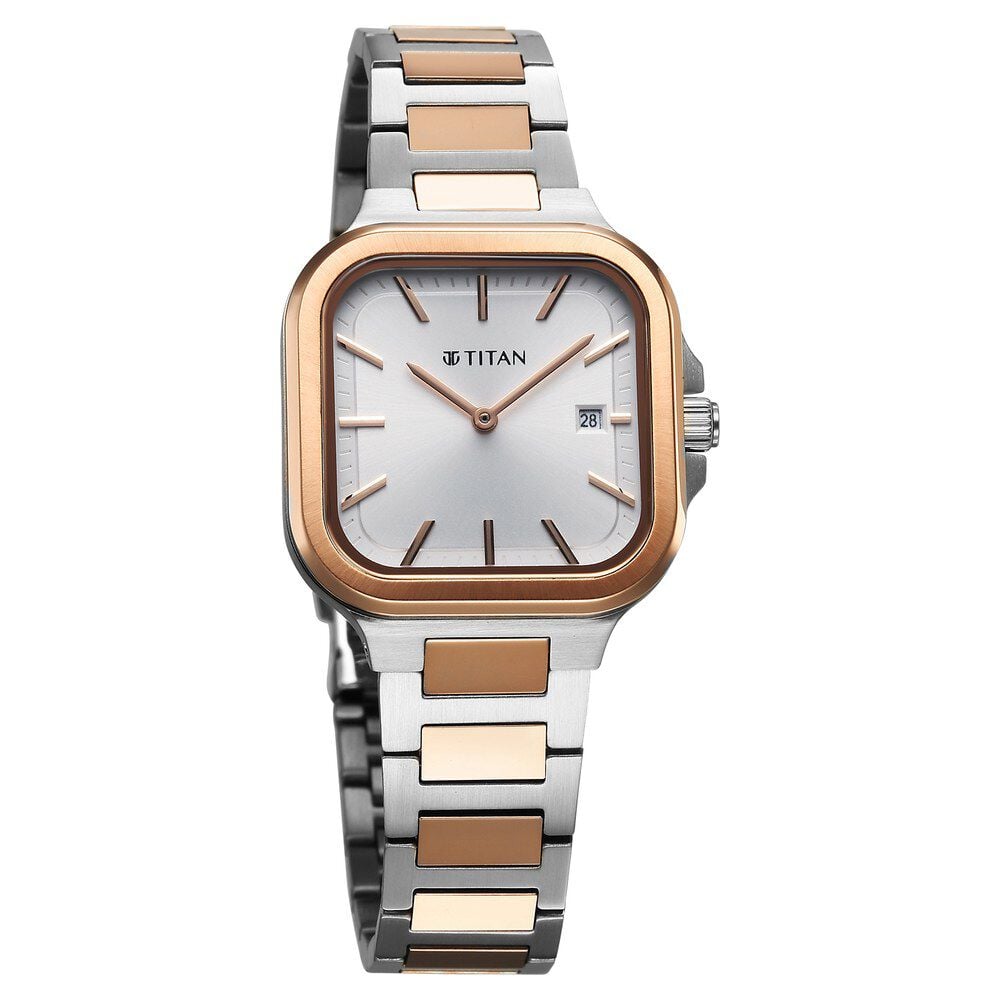 Titan Slim Square Quartz Analog with Date Silver Dial With Two Toned Color Stainless Steel Strap Watch For Women