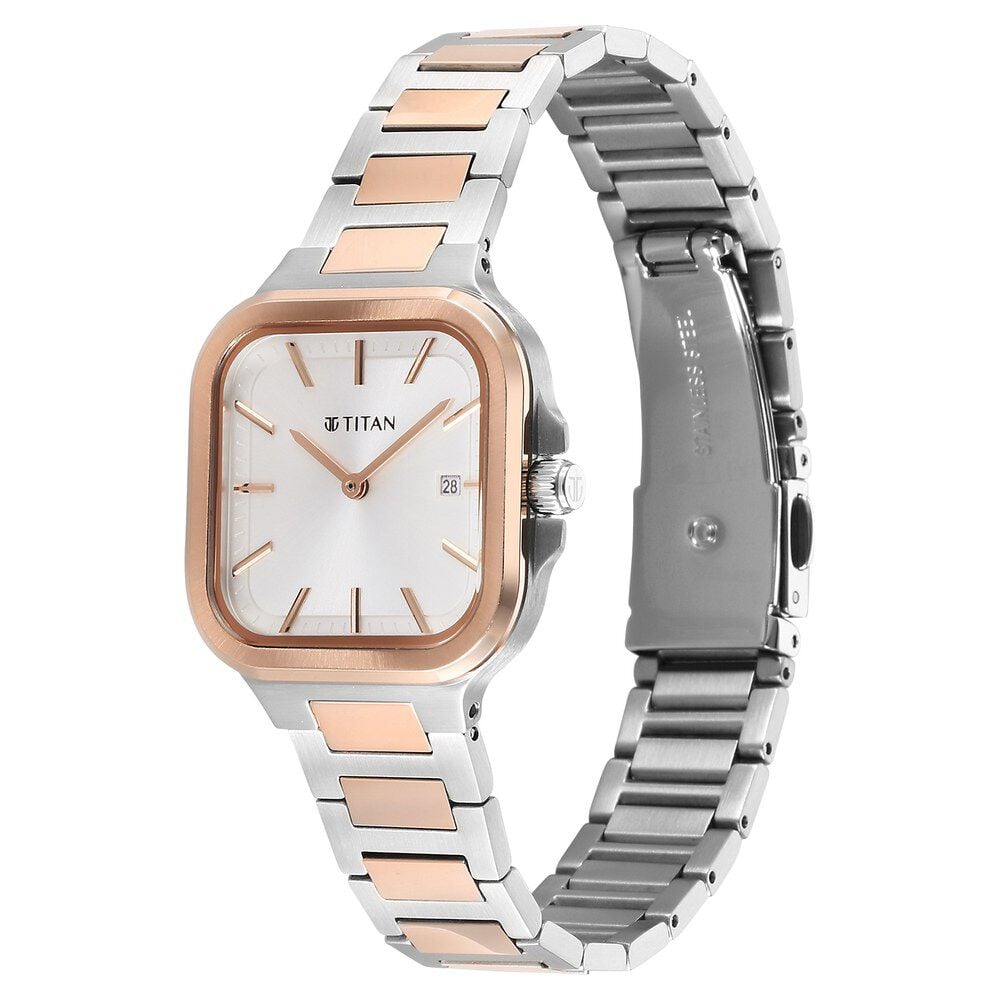 Titan Slim Square Quartz Analog with Date Silver Dial With Two Toned Color Stainless Steel Strap Watch For Women