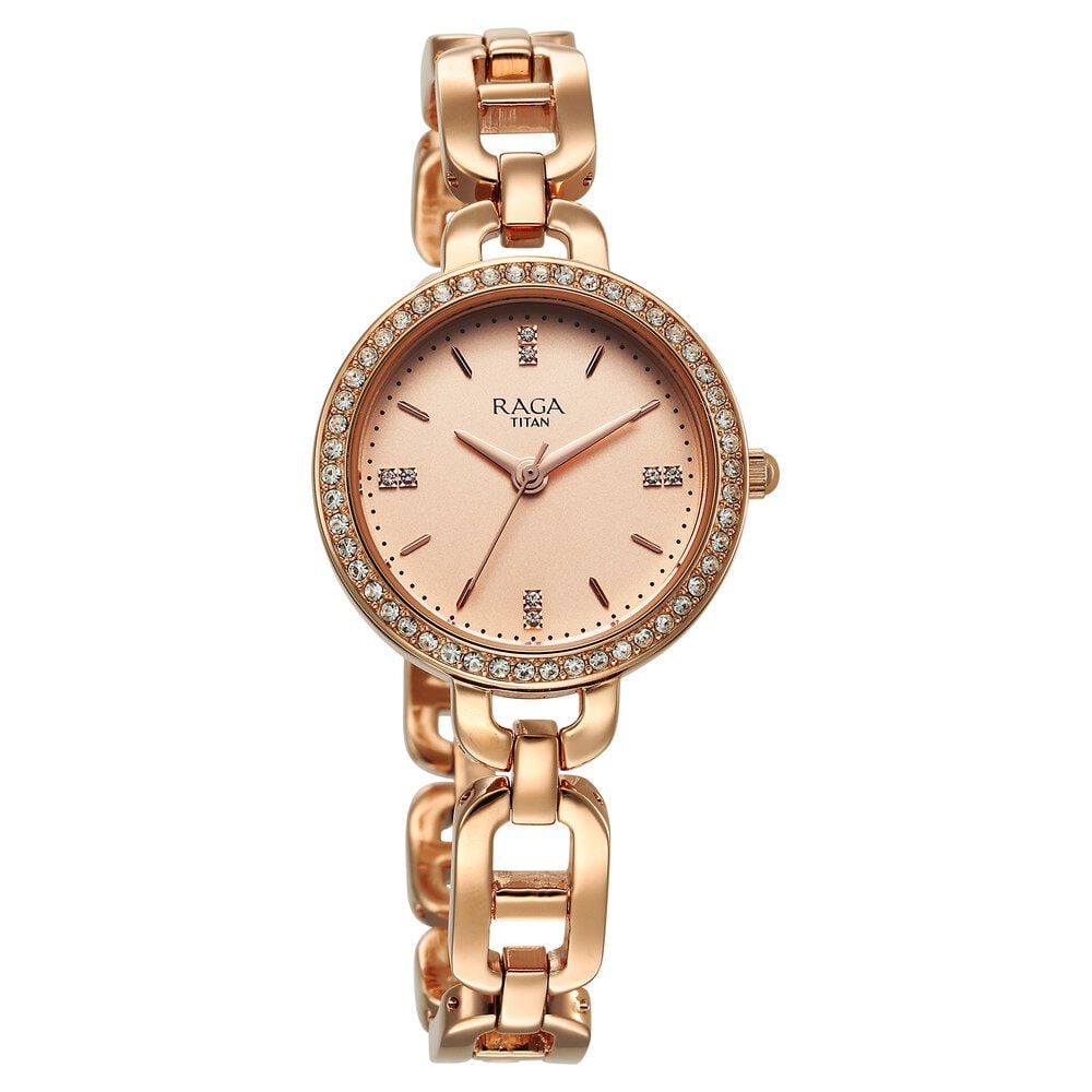 Titan Raga Showstopper Quartz Analog Rose Gold Dial Metal Strap Watch For Women