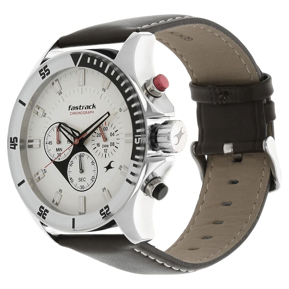 Fastrack Big Time Quartz Chronograph White Dial Leather Strap Watch for Guys