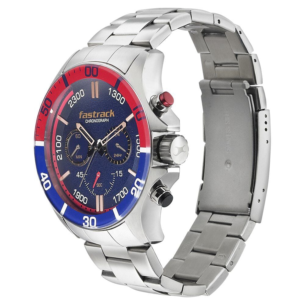 Fastrack Big Time Quartz Chronograph Black Dial Stainless Steel Strap Watch for Guys