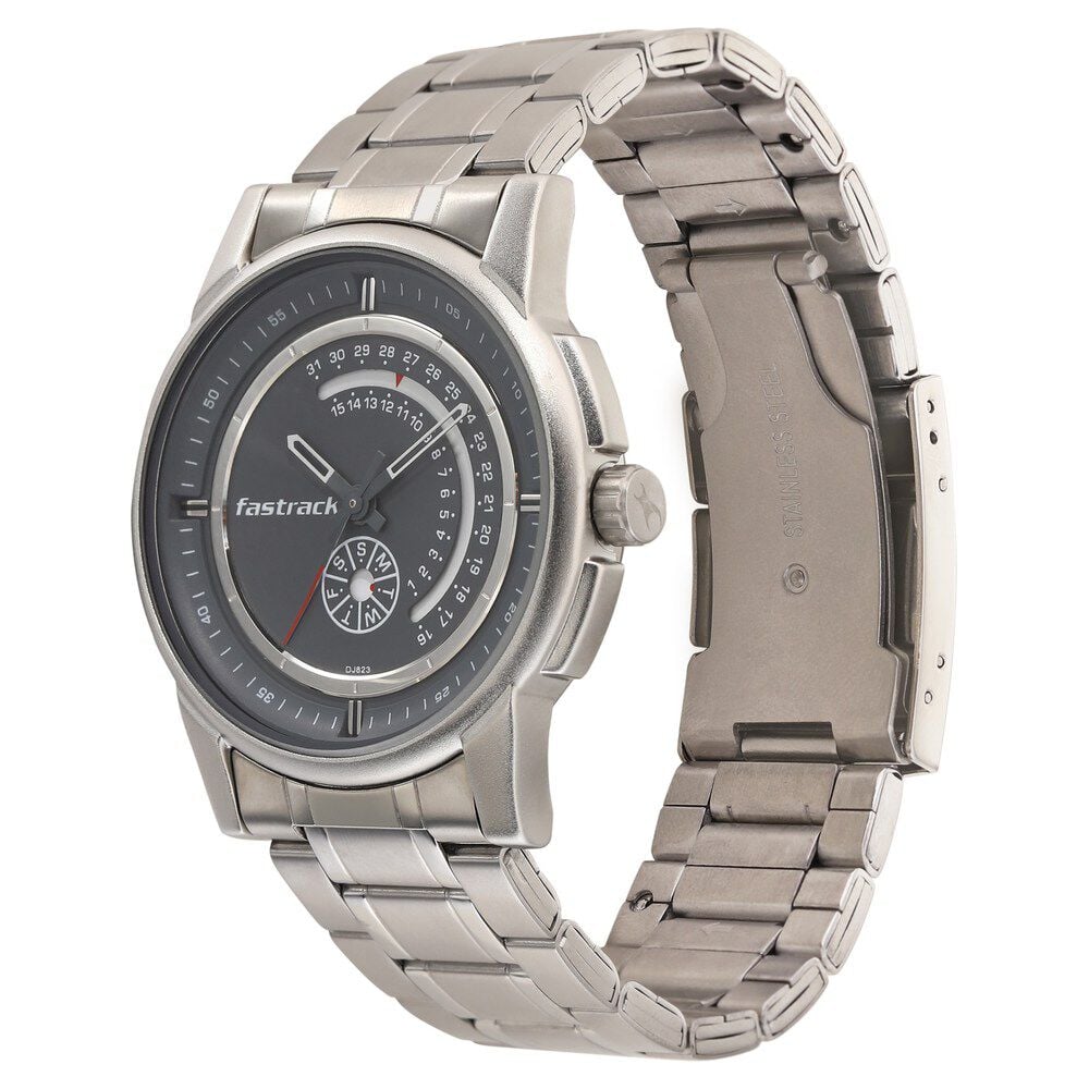 Fastrack Go Skate Quartz Analog with Day and Date Grey Dial Stainless Steel Strap Watch for Guys