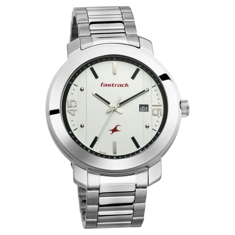 Fastrack Bare Basics Quartz Analog with Date White Dial Stainless Steel Strap Watch for Guys