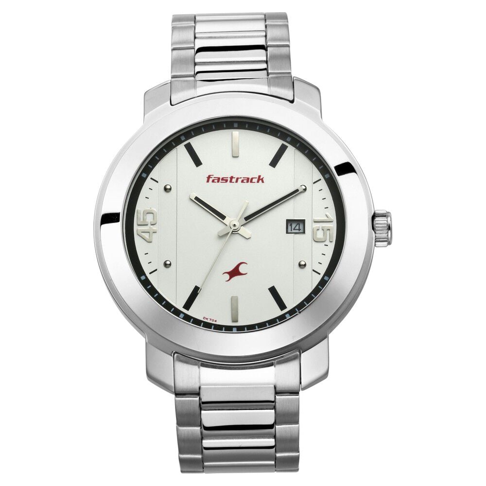 Fastrack Bare Basics Quartz Analog with Date White Dial Stainless Steel Strap Watch for Guys