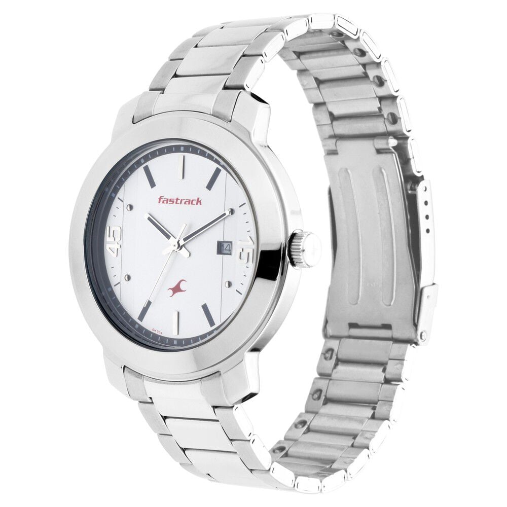 Fastrack Bare Basics Quartz Analog with Date White Dial Stainless Steel Strap Watch for Guys