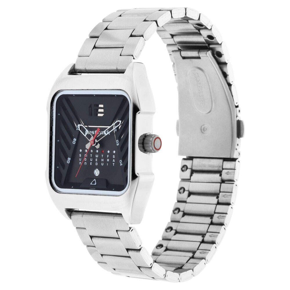 Fastrack Gamify Quartz Analog with Day and Date Black Dial Metal Strap Watch for Guys