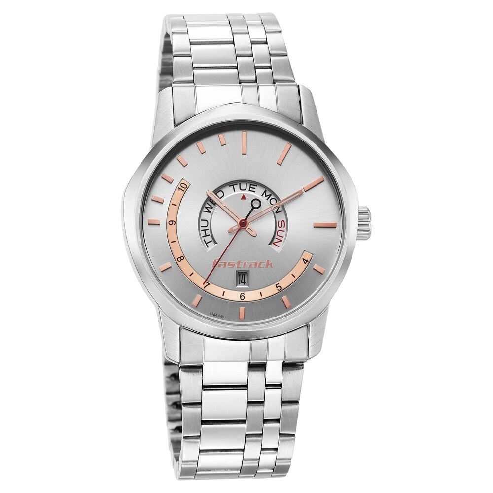 Fastrack Exuberant Quartz Analog with Day and Date Silver Dial Metal Strap Watch for Guys