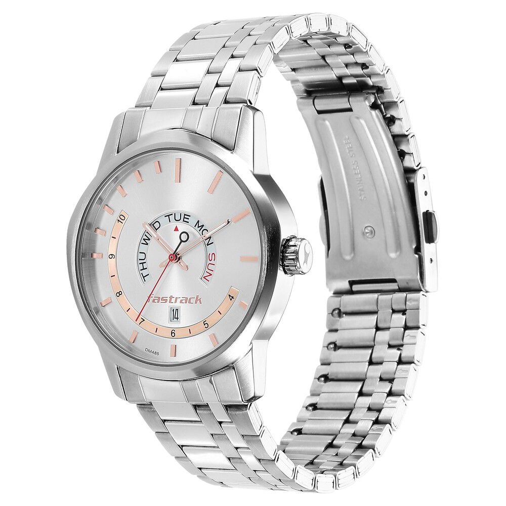 Fastrack Exuberant Quartz Analog with Day and Date Silver Dial Metal Strap Watch for Guys