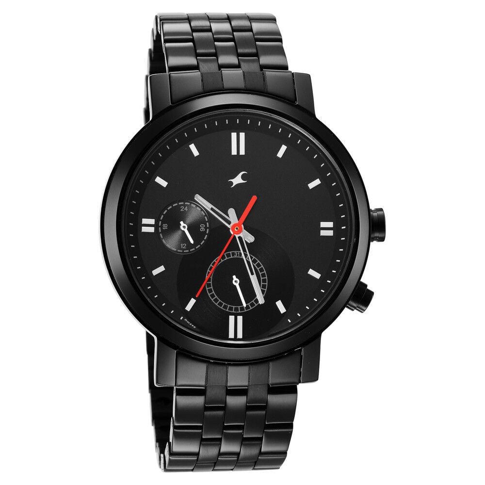 Fastrack Tick Tock Quartz Multifunction Black Dial Metal Strap Watch for Guys