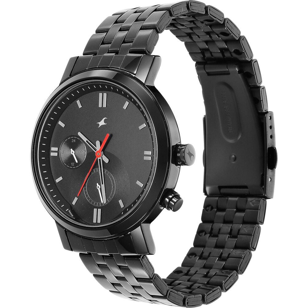 Fastrack Tick Tock Quartz Multifunction Black Dial Metal Strap Watch for Guys