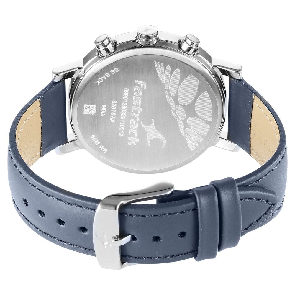 Fastrack Tick Tock Quartz Multifunction Blue Dial Leather Strap Watch for Guys