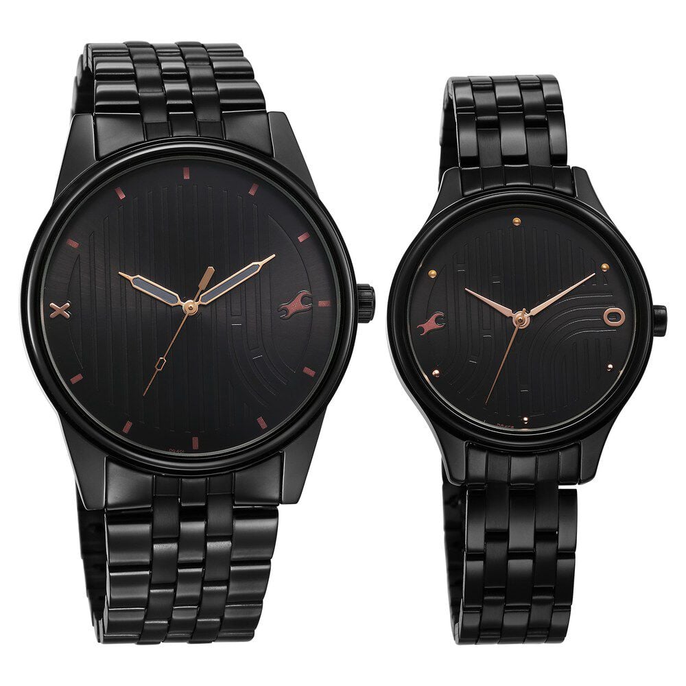 Fastrack Mixmatched Quartz Analog Black Dial With Black Metal Strap Watch For Couple